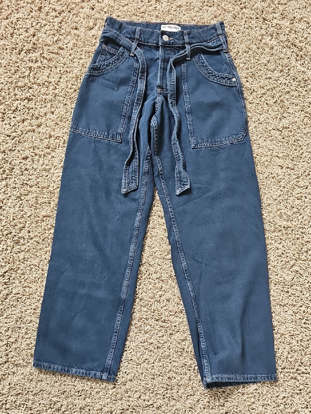 We The Free Jean Blue Jay Belted Boyfriend Baggy Fit 100% Cotton 24 Denim Pants
